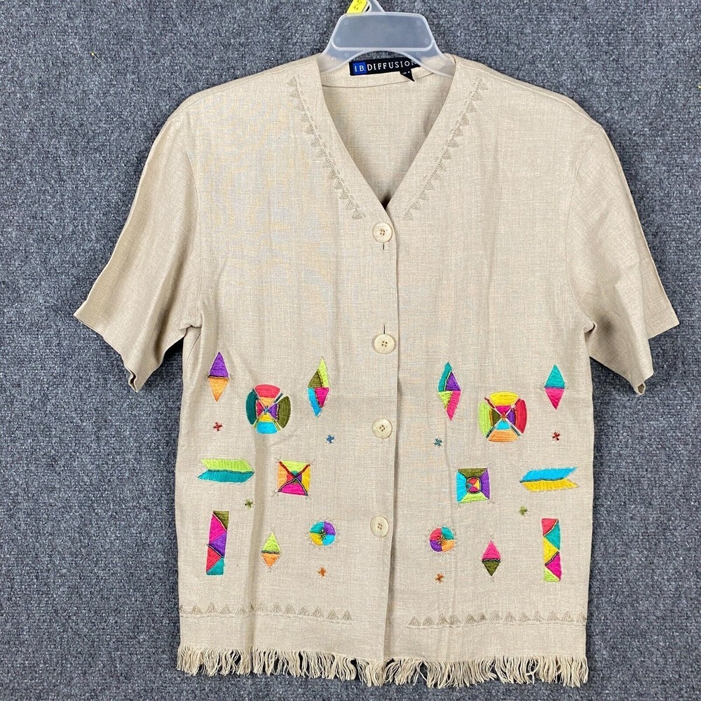 I.B. Diffusion Top Size 6 Button Up Short Sleeve Women's‎ Beige Adults